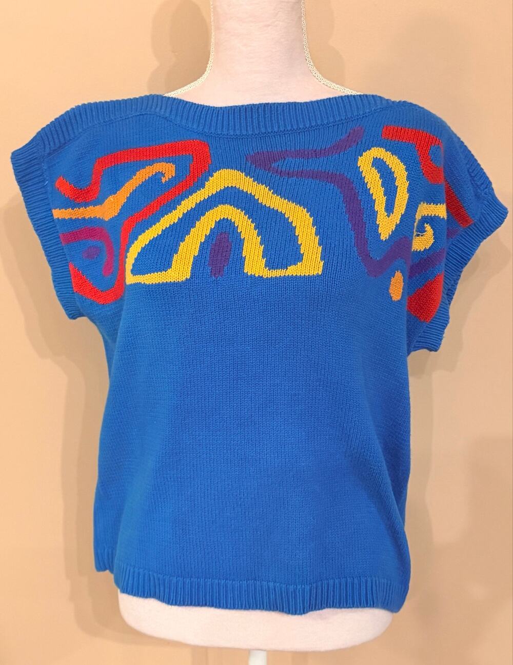 VTG 80s Jo-Ann Pierre Women’s Blue Cotton Knit Sleeveless Top Abstract Art Sz L